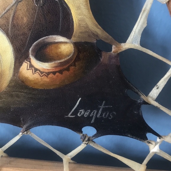 Rustic handpainted on leather & wood sticks frame Native American oil painting - Picture 12 of 16